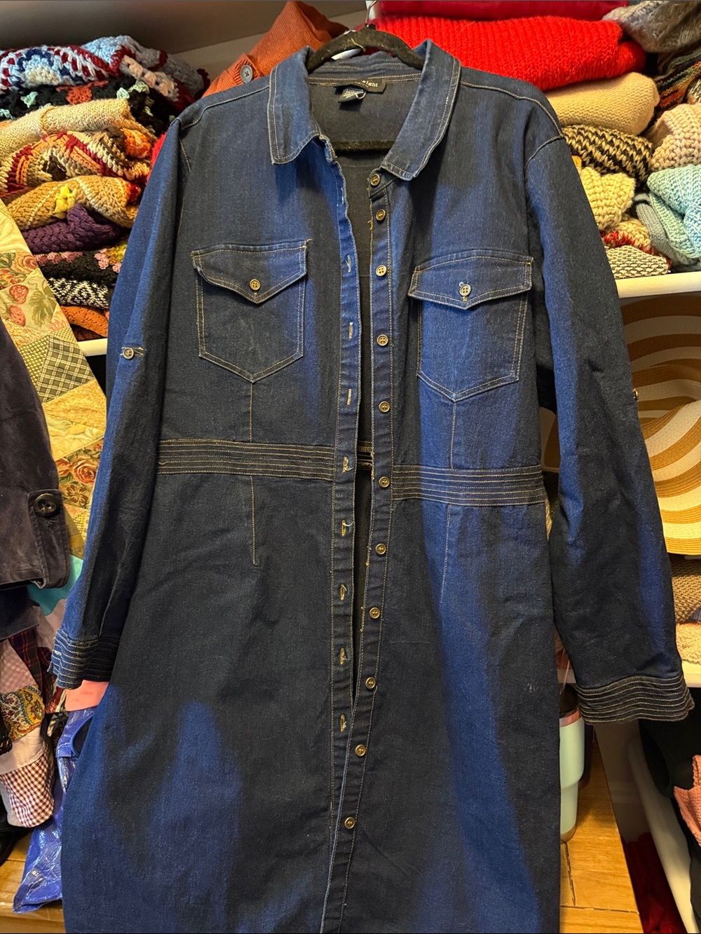 Dark Denim Button-Front Shirt Dress with Chest Pockets
